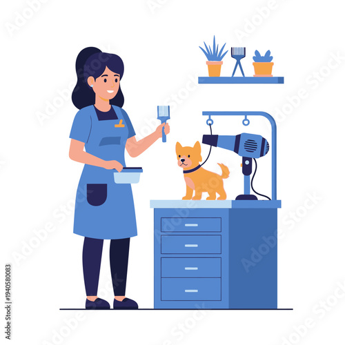 Professional groomer styling cute puppy on grooming table with hairdryer and tools