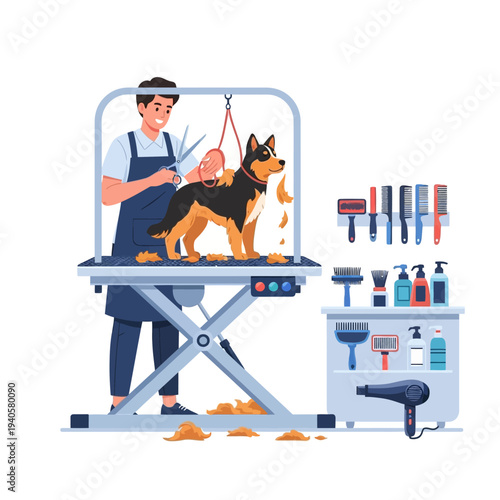Professional groomer trimming a dog on a grooming table with tools and hairdryer
