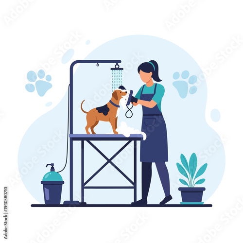 Dog grooming, washing and drying a pet dog on a grooming table with shower and hairdryer