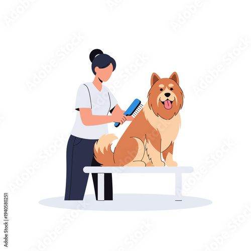Groomer Brushing Fluffy Dog on Table, Pet Care, Grooming Salon, Happy Dog