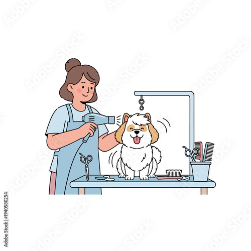 Groomer drying dog with hairdryer on grooming table, pet care, grooming salon