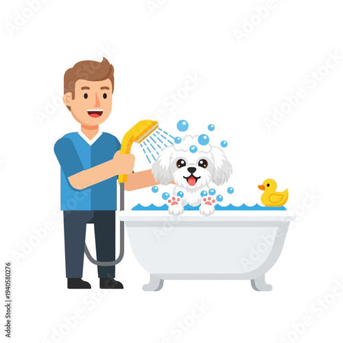 Happy dog getting a bath in a bathtub with a man holding a shower head, rubber ducky