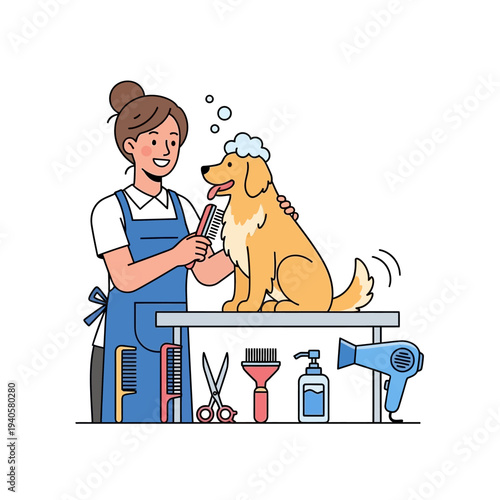 Happy dog getting groomed by a professional groomer with tools and hairdryer