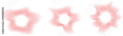 Abstract red radial burst shapes with dynamic spiky lines. Minimal starburst effect elements with glowing motion style. Modern graphic symbols for energy, impact, and creative design. 