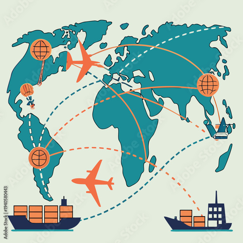 World map with global shipping routes and transportation methods, including cargo ships and airplanes