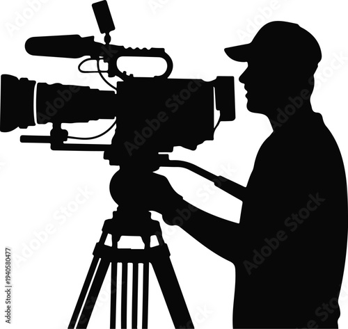 Professional cameraman silhouette operating a cinema camera on a tripod over an isolated white background space