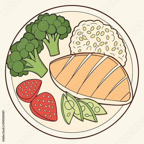 Healthy meal on a plate with chicken breast, rice, broccoli, strawberries, and avocado slices