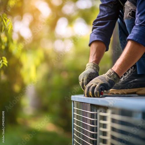 A technician in gloves is working on an outdoor air conditioning unit