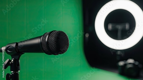 A microphone and ring light sit before a green screen backdrop