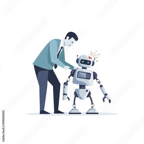 Man fixing a broken robot, artificial intelligence, technology, repair, assistance, support, help