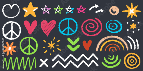 Colorful chalk drawings of various symbols and shapes on a dark background