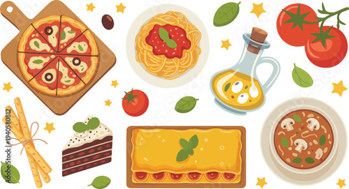 Italian food elements set including pizza pasta lasagna soup olive oil and tomatoes on white background space