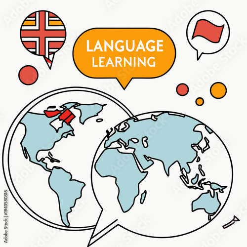 Global language learning concept with earth globes and speech bubbles, representing international communication and education