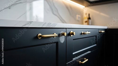 Close-up of modern kitchen cabinetry with marble countertop and golden hardware
