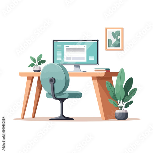 Modern home office desk with computer, chair, plants, and artwork