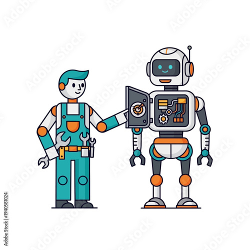 Technician repairing a friendly robot, showing internal mechanics, teamwork and technology concept