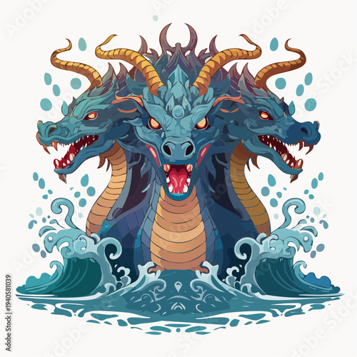 Majestic multi-headed dragon emerging from oceanic waves, a mythical creature in aquatic splendor