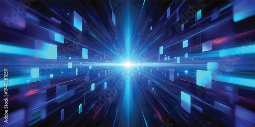 

Bright futuristic design featuring an abstract blue background with a glowing laser burst and energy rays flashing through dark space like a high speed disco light explosion