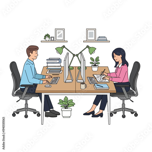 Two colleagues working together at computers in a modern office, collaborating on a project.