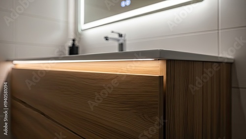 Modern bathroom vanity with integrated lighting, faucet, mirror, & white tiled wall