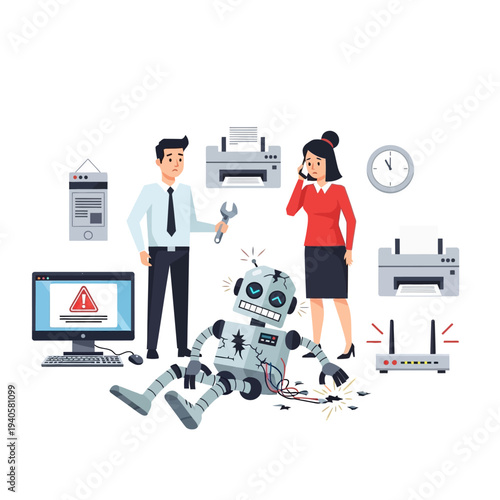 Broken Robot Needs Repair by Technician Amidst Office Technology Failures