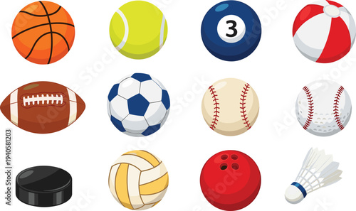 Sports balls vector icon set, basketball soccer baseball tennis bowling volleyball billiard beach ball hockey puck shuttlecock, flat design collection isolated