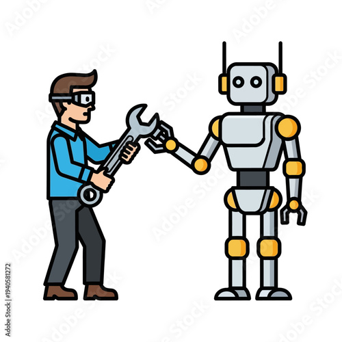 Engineer fixing a robot with a wrench, futuristic technology concept