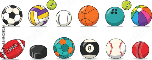 Sports balls collection illustration, soccer basketball volleyball tennis bowling billiard baseball cricket and beach ball icons, colorful athletic vector set