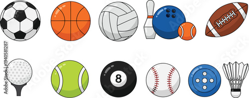 Sports equipment balls collection illustration, soccer basketball volleyball bowling baseball tennis golf billiard and badminton icons, athletic game vector set