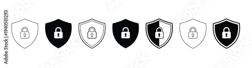 Cyber security shield and padlock line and solid icon set