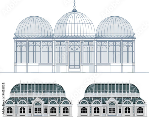 Victorian glass greenhouse architecture vector illustration set, botanical garden conservatory building design with domes and iron structure