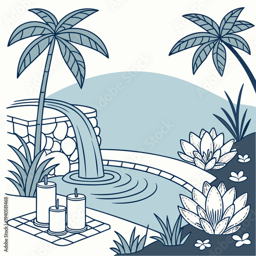Relaxing spa oasis with a waterfall, lotus flowers, and candles, promoting tranquility and tropical escape
