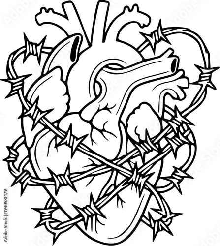 Heart Wrapped in Barbed Wire Symbolizing Restriction and Social Issues Vector