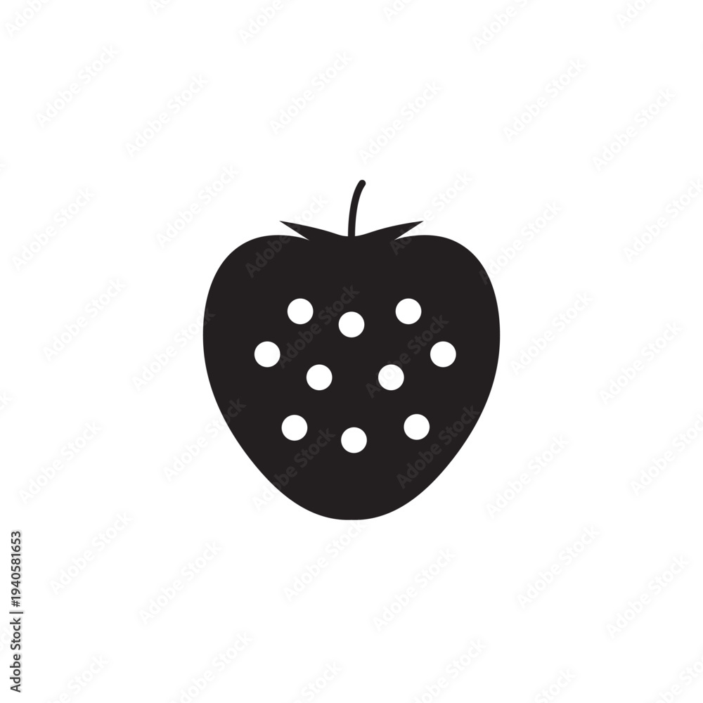 Fototapeta premium Minimalist black strawberry icon isolated on white background. Simple flat design silhouette with seeds and leaves, perfect for berry branding, organic food logos, and healthy concepts. 
