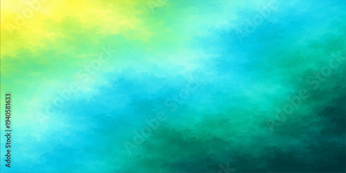 Abstract and vibrant painting showing the beauty of a blue, yellow and green ocean with its water, air and clouds, bringing a sense of calm.