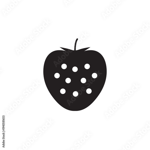 Minimalist black strawberry icon isolated on white background. Simple flat design silhouette with seeds and leaves, perfect for berry branding, organic food logos, and healthy concepts.
