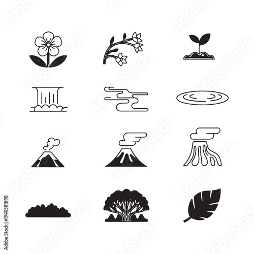 Black and white line art depicting natural elements and landscapes