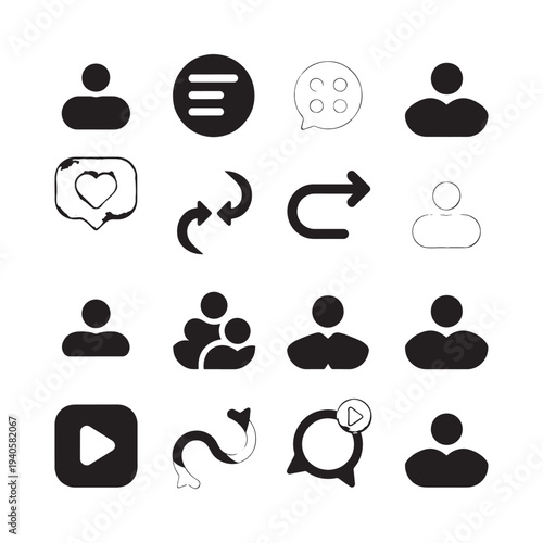 Collection of minimalist black icons representing social media and user interactions