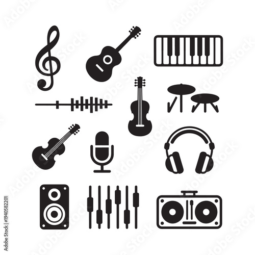 Musical instruments and audio equipment icons in a black and white design
