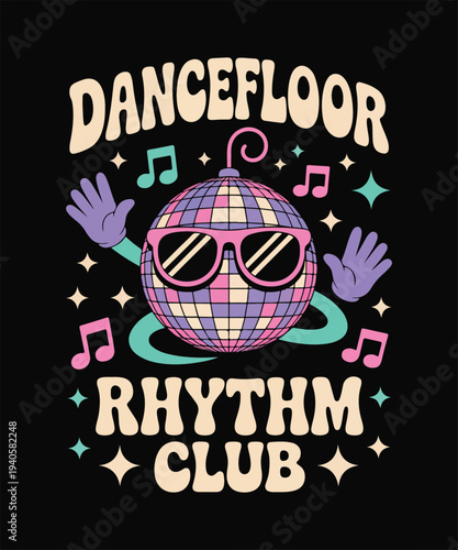 Retro Dancefloor Rhythm Club Disco Ball Vector Illustration with Sunglasses, Musical Notes, and Sparkling Stars on a Black Background