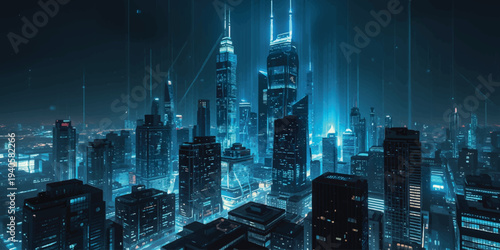 A vibrant blue vector illustration of the New York City skyline at night featuring urban skyscrapers and downtown building architecture illuminated by city lights in a modern landscape design