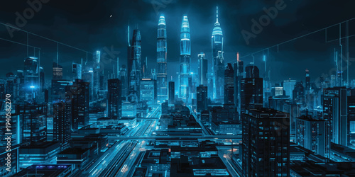 
Abstract blue urban cityscape illustration featuring a night skyline with light design and building silhouettes for a modern business architecture vector