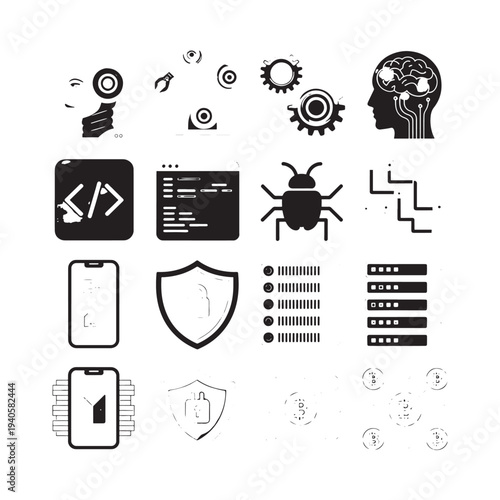 Artificial intelligence and technology icons in a black and white design