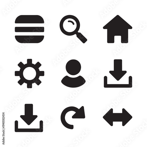 Black silhouette icons depicting food search home settings and more