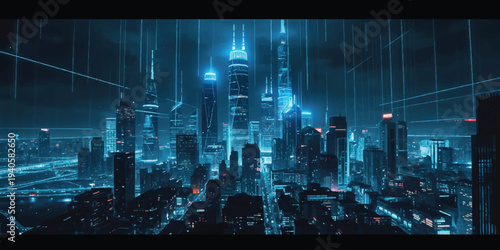 An abstract futuristic city background featuring a digital skyline of blue skyscrapers and urban architecture in a vector illustration concept of technology and data science