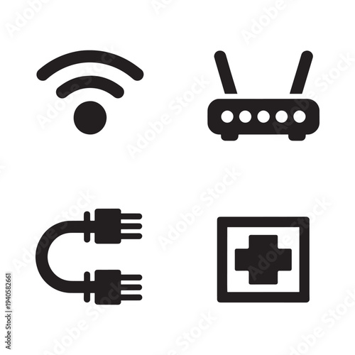 Black icons representing wireless connection router cable and network