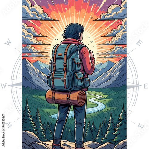 A person with a backpack stands on a mountain peak, watching the sunrise over a vast valley with a winding river and forests, in a vibrant cartoon style.