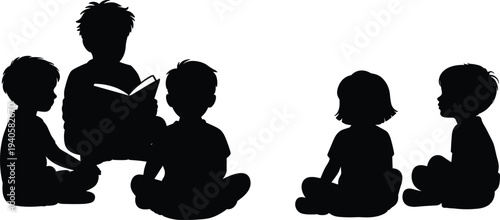 Children reading book together silhouette vector illustration, kids sitting and listening story, education learning concept for school and childhood