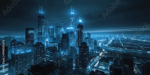 A stunning evening view of the urban New York City skyline showcases glowing skyscraper lights across the downtown Manhattan cityscape at dusk