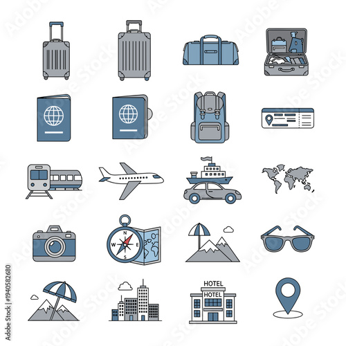 A comprehensive set of flat design travel and tourism icons, featuring luggage, passports, various modes of transport, maps, and popular destination symbols.